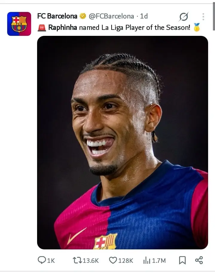 Raphinha was recently named La Liga Player of the Season after a stellar season